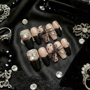 Blinged Black French Tip Press-On Coffin Nails